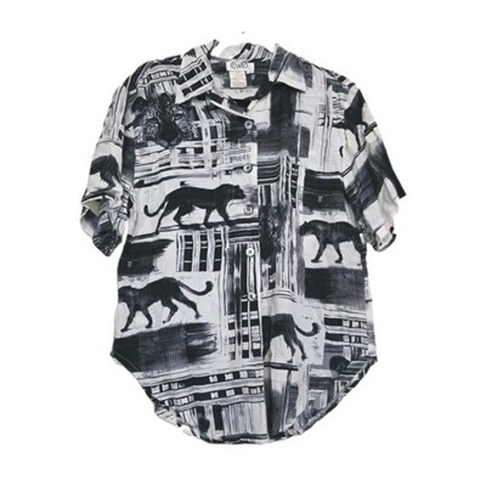 Vintage Leopard Cheetah Print Blouse Top Womens M Black White Wearable Art 80s